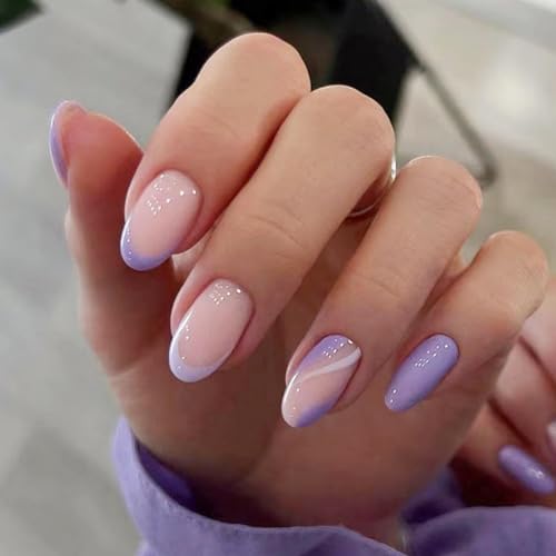 Short Almond Purple Press On Nails with Swirl & French Tip Design, 24 Piece Set