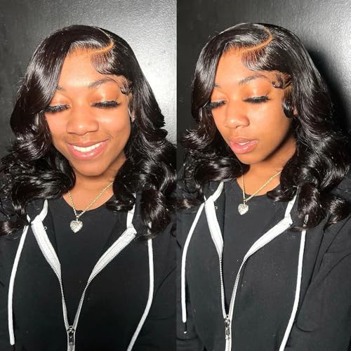Short Bob Wig Body Wave 13x6 HD Transparent Lace Frontal Human Hair Wig For Women Pre Plucked With Baby Hair Side Part Brazilian Remy Hair Short Wigs Bleached Knots Natural Color 150% Density 16Inch - Image 4