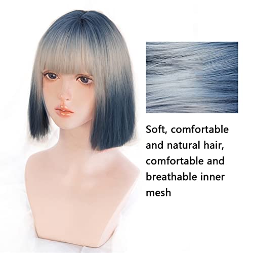 Short Blonde Blue Bob Wig with Bangs, Heat-Resistant Synthetic Hair, 12 Inch - Image 3