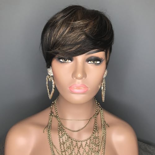 Short Brown Human Hair Wigs for Black Women Pixie Cut Wig Human Hair Short Wigs Human Hair with Bangs Brown Pixie Wigs Human Hair Glueless Mixed Color Natural Brown Highlight F1B/30
