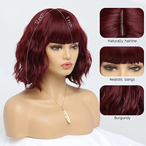 12-Inch Burgundy Wavy Bob Wig with Bangs for Women - Medium - Image 4