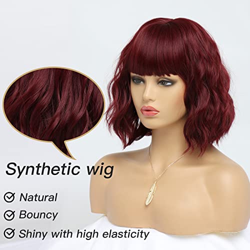 12-Inch Burgundy Wavy Bob Wig with Bangs for Women - Medium - Image 3