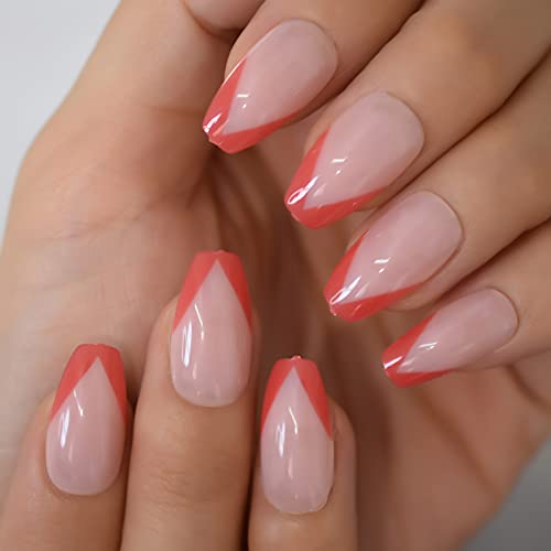 Short Coffin Red Color French V Shape Press On Nails Uv Gel Fingernails Salons At Home Glossy Nails Red Top Artificial Manicure With 24 Pcs Adhesive Sticker Tabs Woody Stick Mini File Daily Wear