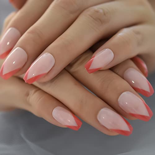 Short Coffin Red Color French V Shape Press On Nails Uv Gel Fingernails Salons At Home Glossy Nails Red Top Artificial Manicure With 24 Pcs Adhesive Sticker Tabs Woody Stick Mini File Daily Wear - Image 7
