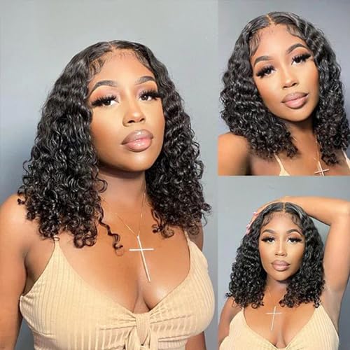 Short Curly BoB Lace Front Wigs Human Hair 13x4 Water Wave Bob Curly 180% Density Natural Black HD Lace Front Wigs Brazilian Curly Water Wave Lace Wig Human Hair for Women 12inch BoB Wig
