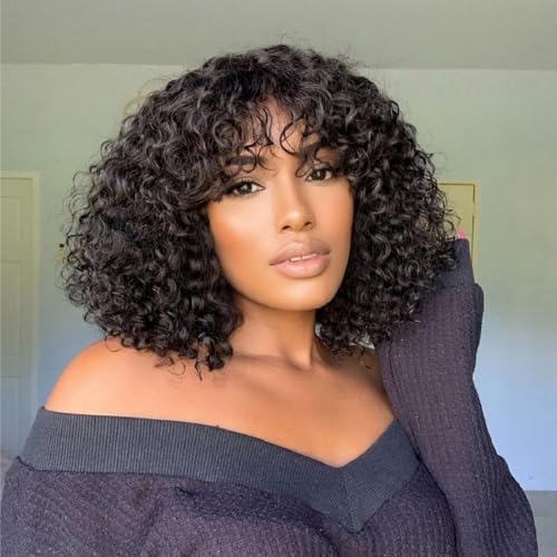 Short Curly Bob Wig Human Hair with Bangs Glueless Bob Wigs for Black Women 180% Density Brazilian Bob Wig with Bangs Human Hair Machine Made Black