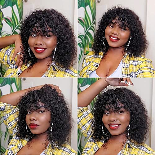 Short Curly Bob Wig Human Hair with Bangs Glueless Bob Wigs for Black Women 180% Density Brazilian Bob Wig with Bangs Human Hair Machine Made Black - Image 3