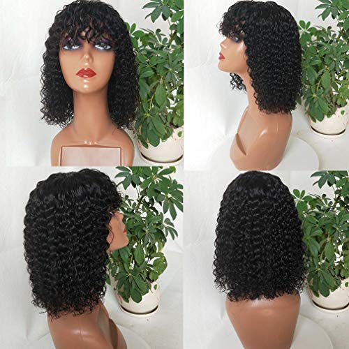 Short Curly Bob Wigs with Bangs 10inch None Lace Front Human Hair Wigs With Baby Hair for Black Women 150% Density Brazilian Virgin Afro Kinky Curly Wigs (10 Inch, Natural Black) - Image 2