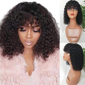 Short Curly Bob Wigs with Bangs 10inch None Lace Front Human Hair Wigs With Baby Hair for Black Women 150% Density Brazilian Virgin Afro Kinky Curly Wigs (10 Inch, Natural Black)