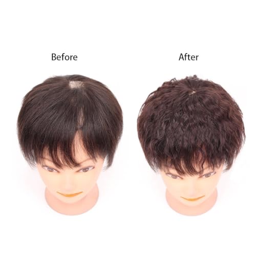 100% Human Hair Short Curly Dark Brown Topper with Bangs, 9x9cm Clip-In for Thinning Hair - Image 5