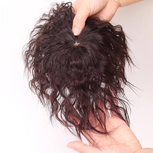 100% Human Hair Short Curly Dark Brown Topper with Bangs, 9x9cm Clip-In for Thinning Hair - Image 4
