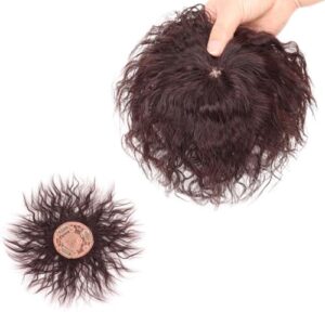 100% Human Hair Short Curly Dark Brown Topper with Bangs, 9x9cm Clip-In for Thinning Hair