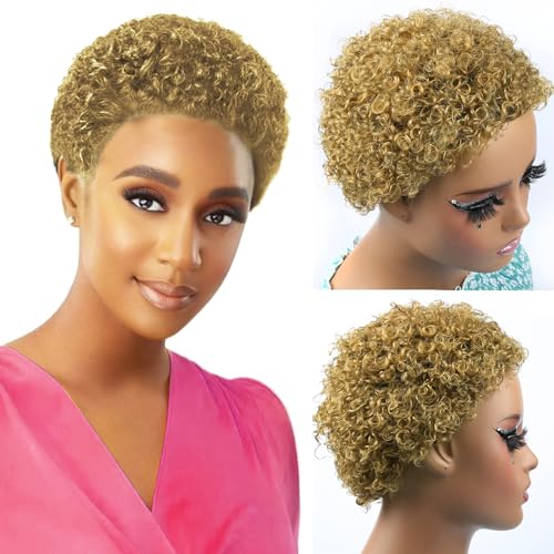 Short Curly Human Hair Wigs for Women 100% Brazilian Virgin Short Human Hair Pixie Cut Wigs Short bob Curly Non Lace Human Hair Wigs for Daily Party Use(#27)