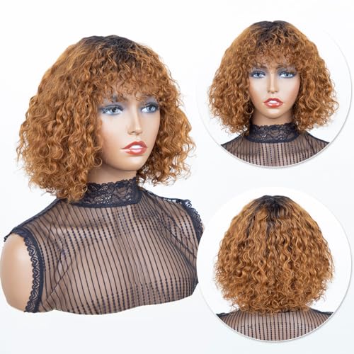 Short Curly Human Hair Wigs with Bangs Water Wave Bob Wig Human Hair Glueless Brazilian Virgin Human Hair Wigs for Black Women 150% Density None Lace Front Wigs 10 Inch Ombre Brown Color