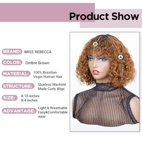 Short Curly Human Hair Wigs with Bangs Water Wave Bob Wig Human Hair Glueless Brazilian Virgin Human Hair Wigs for Black Women 150% Density None Lace Front Wigs 10 Inch Ombre Brown Color - Image 2