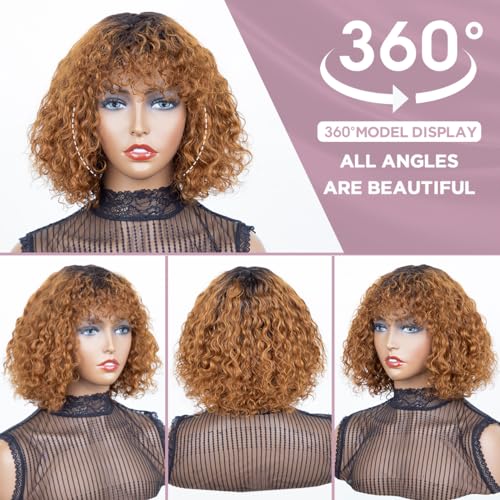 Short Curly Human Hair Wigs with Bangs Water Wave Bob Wig Human Hair Glueless Brazilian Virgin Human Hair Wigs for Black Women 150% Density None Lace Front Wigs 10 Inch Ombre Brown Color - Image 3