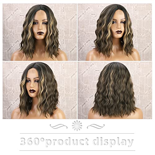 Short Curly Ombre Wig for Women Brown Mixed Blonde Synthetic Hair 14 Inch - Image 2