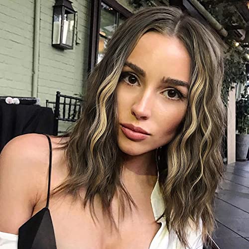 Short Curly Ombre Wig for Women Brown Mixed Blonde Synthetic Hair 14 Inch
