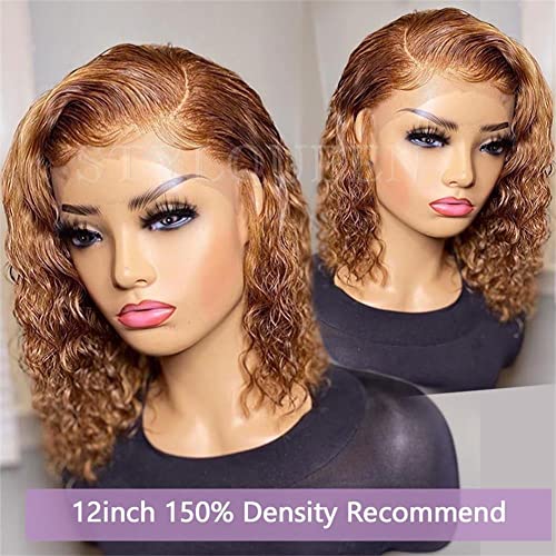Short Curly Wave Human Hair Lace Front Bob Wigs Pre Plucked Brazilian Human Hair Wigs with Baby Hair 13x4 Lace Frontal Wigs for Women Brown Honey Blonde Color Side Part Wig 150% Density 10 Inch - Image 5