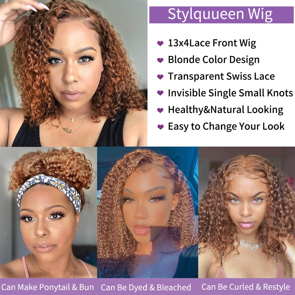 Short Curly Wave Human Hair Lace Front Bob Wigs Pre Plucked Brazilian Human Hair Wigs with Baby Hair 13x4 Lace Frontal Wigs for Women Brown Honey Blonde Color Side Part Wig 150% Density 10 Inch - Image 3