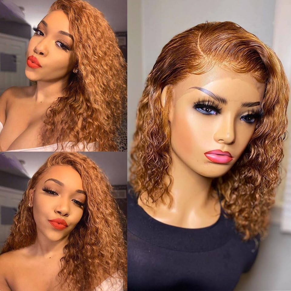 Short Curly Wave Human Hair Lace Front Bob Wigs Pre Plucked Brazilian Human Hair Wigs with Baby Hair 13x4 Lace Frontal Wigs for Women Brown Honey Blonde Color Side Part Wig 150% Density 10 Inch