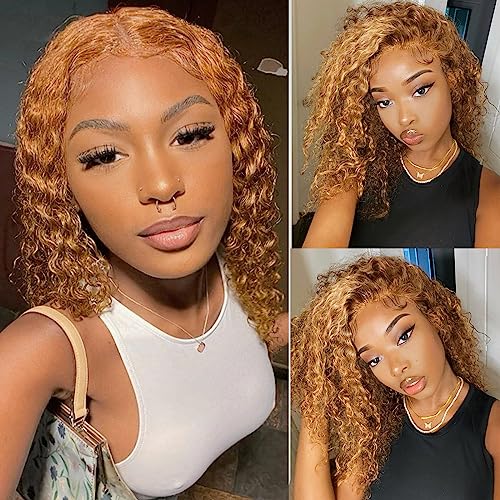 Short Curly Wave Human Hair Lace Front Bob Wigs Pre Plucked Brazilian Human Hair Wigs with Baby Hair 13x4 Lace Frontal Wigs for Women Brown Honey Blonde Color Side Part Wig 150% Density 10 Inch - Image 4