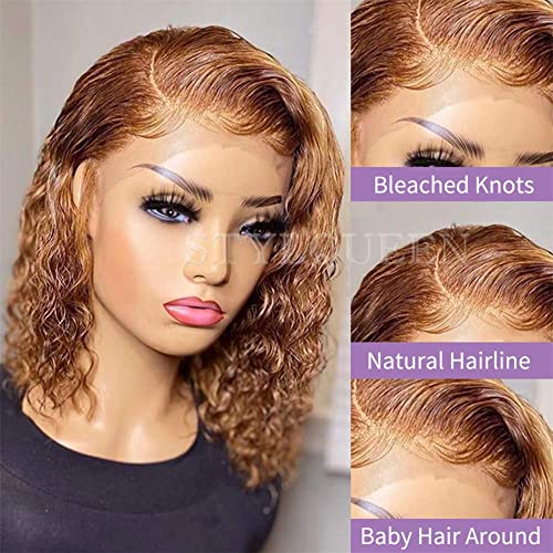 Short Curly Wave Human Hair Lace Front Bob Wigs Pre Plucked Brazilian Human Hair Wigs with Baby Hair 13x4 Lace Frontal Wigs for Women Brown Honey Blonde Color Side Part Wig 150% Density 10 Inch - Image 2