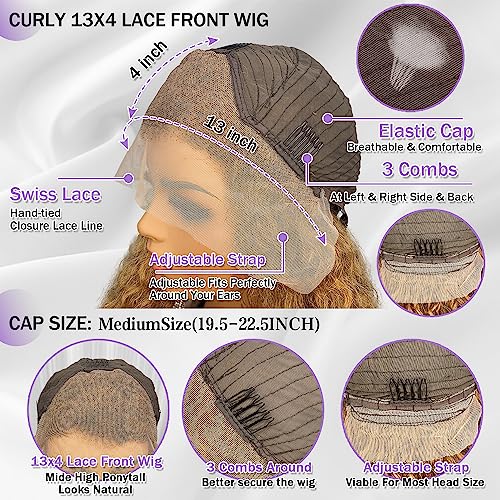 Short Curly Wave Human Hair Lace Front Bob Wigs Pre Plucked Brazilian Human Hair Wigs with Baby Hair 13x4 Lace Frontal Wigs for Women Brown Honey Blonde Color Side Part Wig 150% Density 10 Inch - Image 6
