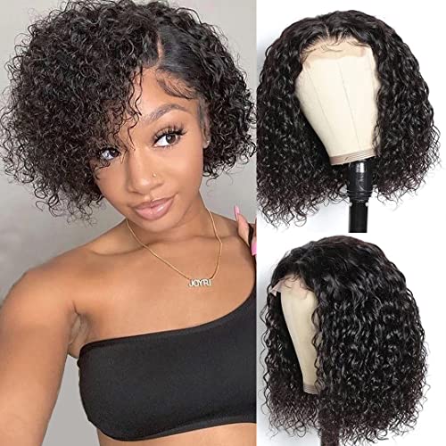 Short Curly Wig Lace Front Human Hair Wigs for Black Women Pixie Cut Lace Front Wigs 4x4 Brazilian Remy Human Hair 150% Density Natural Black Color 8 Inch