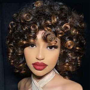 Short Curly Wigs for Black Women Loose Curly Fluffy Shoulder Length Natural Looking Hair Wigs Black Mixed Brown Wigs Heat Resistant Hair Replacement Wigs with Wig Caps (Black Mixed Brown)