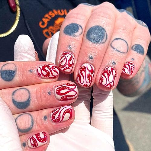 Short Fake Nails Square Press on Nails Halloween Short Nails False Nails with Red Snake Designs Reusable Stick on Nail for Women and Girls 24Pcs (Snake)