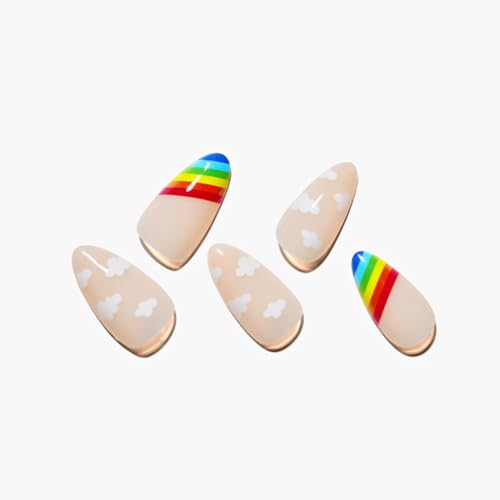 Short GLAMERMAID Press on Nails, Nude Rainbow Clouds Medium Almond Short Oval Glue on Nails, Fake Nails Acrylic False Nails Stick on Nails Sets Kits for Women Girls Gift Sunny Spells