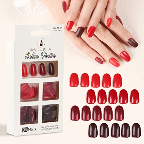 Short Oval Fake Nails 4 Colors 96Pcs,Refers to Dazzle Red Acrylic False Nails Short Almond Nails Gradient Solid Color Full Cover Fake Nails for Women Girls Nail Decorations
