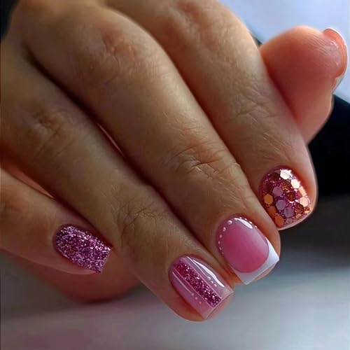 Short Pink Square French Tip Press On Nails with Glitter 24 Pcs