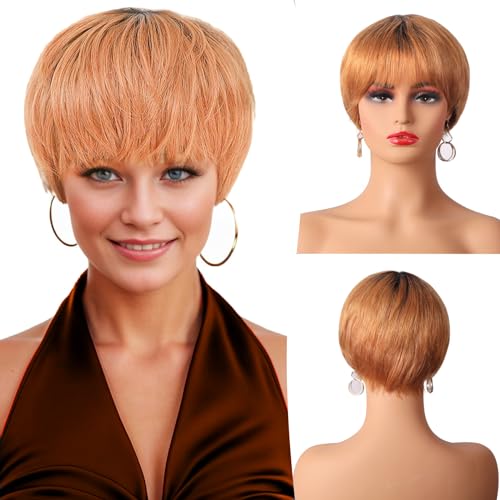 Short Pixie Cut Human Hair Wig, Short Human Hair Wigs for Black Women Short Layered Wigs Ombre Copper Blonde Full Machine150% Density Brazilian Human Hair Wigs(Pixie1BT27, 6in)