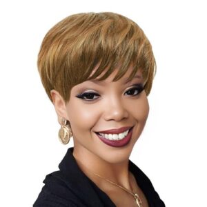 Short Pixie Cut Wigs for Black Women - Ombre Layered Brazilian Virgin Human Haircut Wigs with Bangs 150% Density Wear and Go Wigs for Mommy 1B/DR27 Color