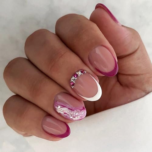 24Pcs Oval French Tip Press on Nails Purple White with Rhinestones Full Cover Acrylic