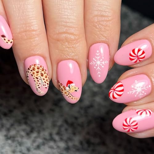 Short Press on Nails Christmas Almond Fake Nails Nude Pink False Nails Cute Snow Leopard Snowflake Christmas Designs Glossy Acrylic Nails Holiday Stick on Nails for Women 24Pcs（Xmas）