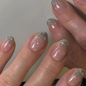 Short Press on Nails - Diowino Oval Fake Nails Sliver Glitter Nail Tips Acrylic Nails Glossy Pink with White Star Sparkling Design Sweet Cool Short False Nails Glue on Nails for Women Girls