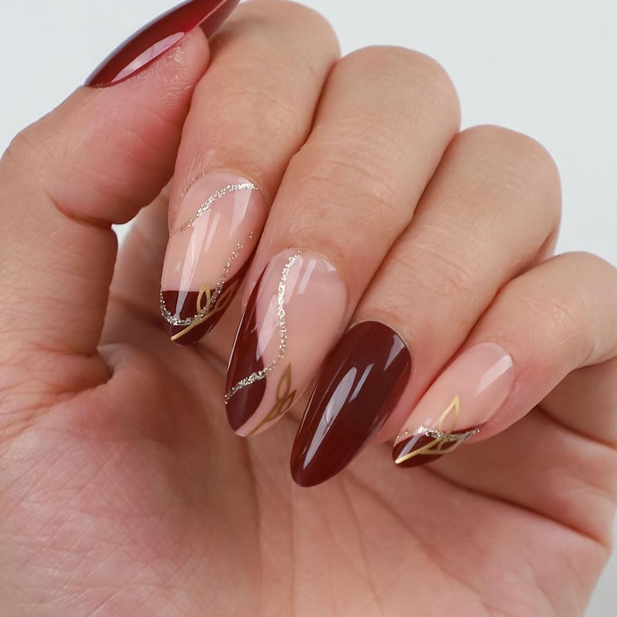 24pcs French Gold Glitter Press-On Nails Set with Glue for Women