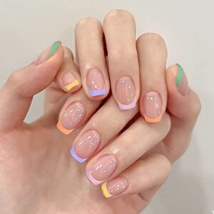 Colorful Glossy Square French Tip Press On Nails Set for Women 24 Count