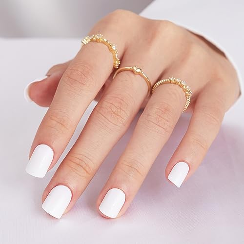 Short Press on Nails, White Glossy Square Acrylic Fake Nails, Pure Color Supremely Natural Fit Reusable Glue/Stick On Nails for Women Nail Art Kit, 12Sizes 24pcs, Pearl White