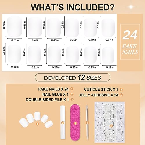 Short Press on Nails, White Glossy Square Acrylic Fake Nails, Pure Color Supremely Natural Fit Reusable Glue/Stick On Nails for Women Nail Art Kit, 12Sizes 24pcs, Pearl White - Image 3
