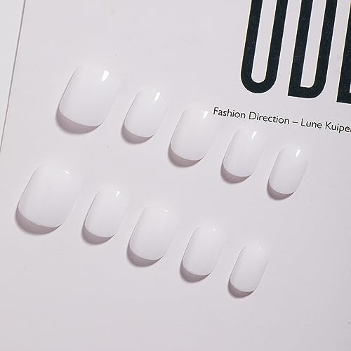 Short Press on Nails, White Glossy Square Acrylic Fake Nails, Pure Color Supremely Natural Fit Reusable Glue/Stick On Nails for Women Nail Art Kit, 12Sizes 24pcs, Pearl White - Image 2