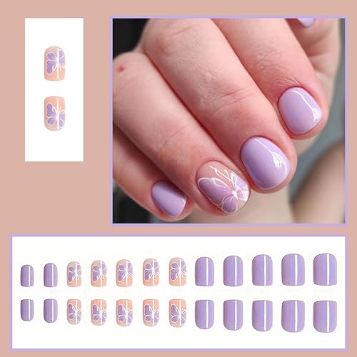 24 Pcs Short Square Press-On Nails Glossy Purple Spring Butterfly Design Full Cover Acrylics - Image 2