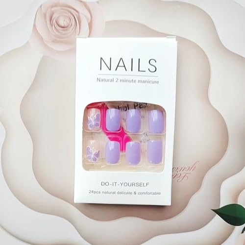24 Pcs Short Square Press-On Nails Glossy Purple Spring Butterfly Design Full Cover Acrylics - Image 7