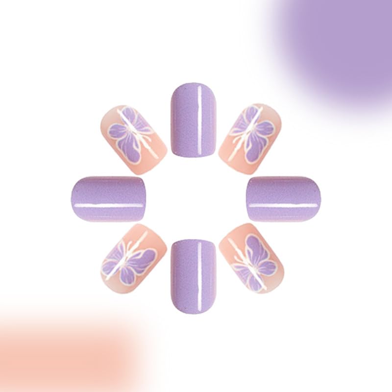 24 Pcs Short Square Press-On Nails Glossy Purple Spring Butterfly Design Full Cover Acrylics - Image 3