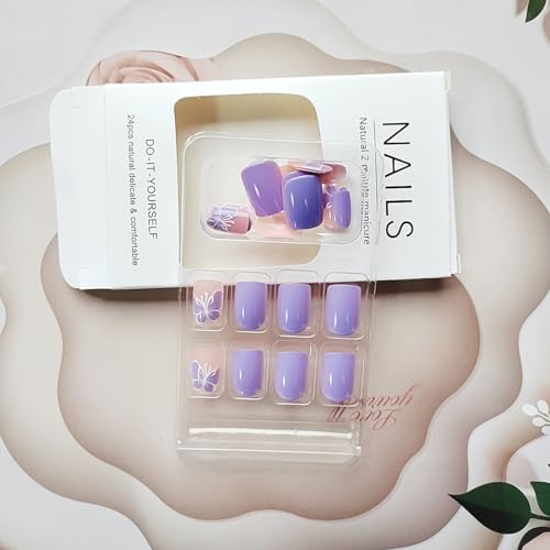 24 Pcs Short Square Press-On Nails Glossy Purple Spring Butterfly Design Full Cover Acrylics - Image 6