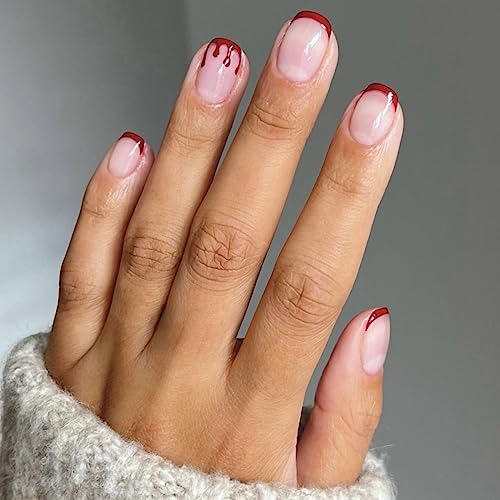Short Red French Tip Press-On Nails with Gothic Vampire Halloween Designs for Women