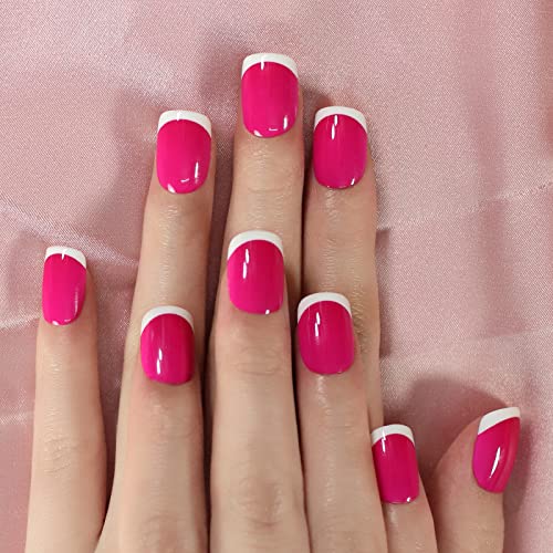 Short Rose Pink White French Squoval Press-On Nail Tips for Full Cover Daily Wear - Image 5